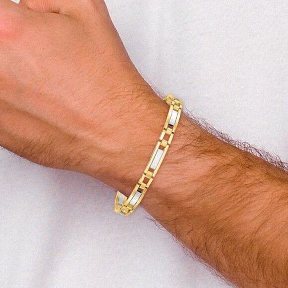 14k Two-tone Polished and Satin 8.5in Mens Link Bracelet - Picture 1 of 5